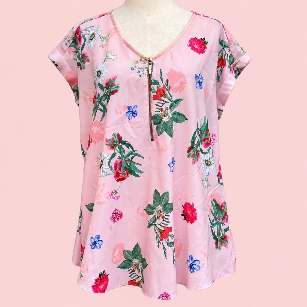 Express Pink Floral Tunic Blouse Size L Gold Zip Short Sleeve